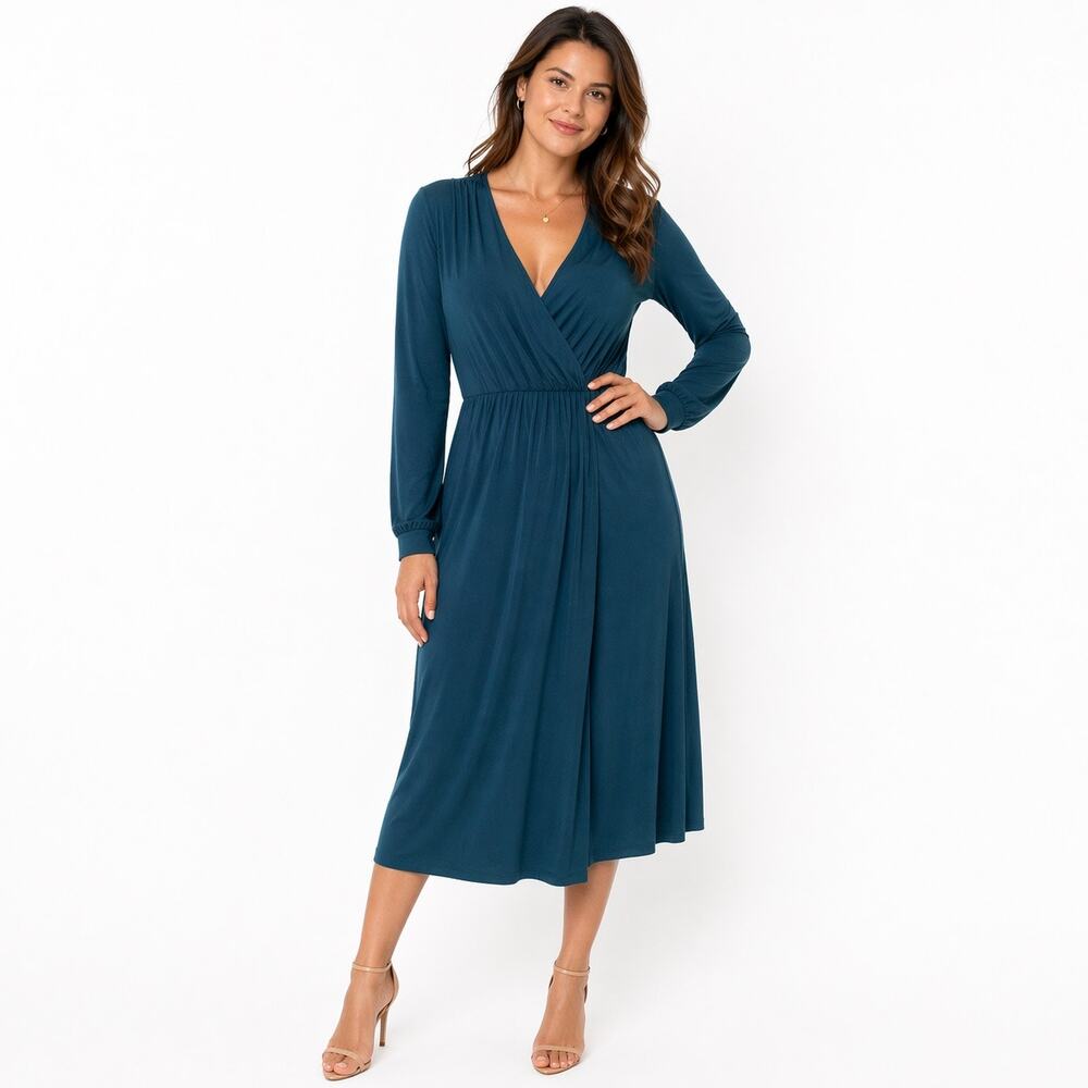 Lulus Teal Wrap Dress Long Sleeve Midi Soft Stretch Lightweight Flowy S